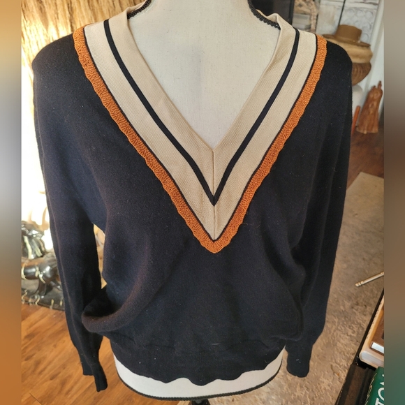 Sandro Black V-Neck Sweater with Orange Trim